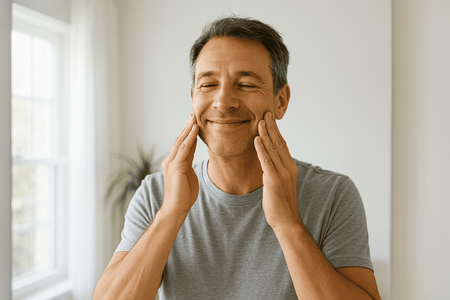 young man rubbing his face