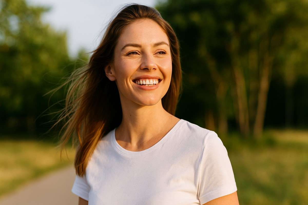Smiling woman outdoors with healthy teeth, representing confidence and a natural-looking smile